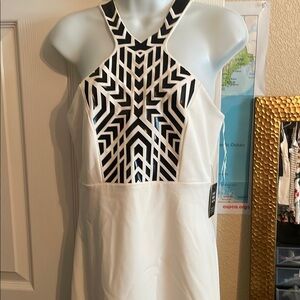 White Dress with Black Geometric Panel Halter Neck